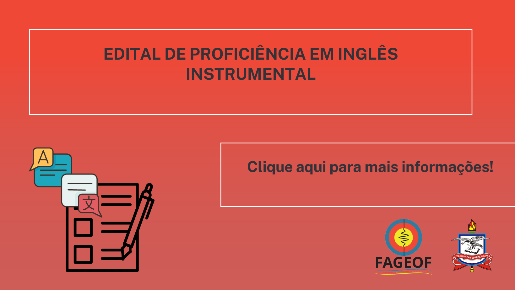 Inscrições para Prova de Proficiência em Inglês Instrumental